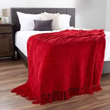 Chenille Throw Blanket- For Couch, Home Décor, Bed, Sofa & Chair-Oversized 60” x 70”- Lightweight, 5” Fringe, Ultra-Soft & Shiny in Lagoon Teal by LHC, Vineyard Red