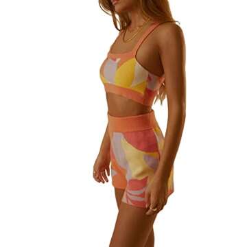 SOLILOQUY Women Two Piece Knitted Bodycon Outfits Sleeveless Solid Color/Tie Dye Crop Top+ Short Pants Sets Tracksuit Sweatsuit Romper(Orange Patchwork, S)