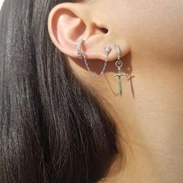 Dagger Hoop Cuff Earrings S925 Sterling Silver Cubic Zirconia Hypoallergenic Cartilage Earrings Hugg...