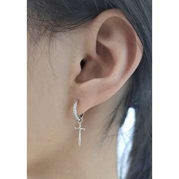 Dagger Hoop Cuff Earrings S925 Sterling Silver Cubic Zirconia Hypoallergenic Cartilage Earrings Huggie Ear Piercing for Women BFF Stylish Jewelry Gift Valentine' s Day (Silver)