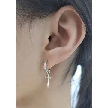 Dagger Hoop Cuff Earrings S925 Sterling Silver Cubic Zirconia Hypoallergenic Cartilage Earrings Huggie Ear Piercing for Women BFF Stylish Jewelry Gift Valentine' s Day (Silver)