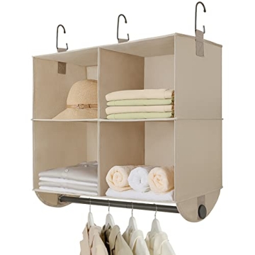 TOPIA HOME 4-Section Closet Shelf with Hanging Rod - Stylish and Versatile Storage Solution in Beige