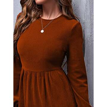 MakeMeChic Women's Long Sleeve Ruffle Hem Ribbed Knit Aline Short Swing Dress Brown S