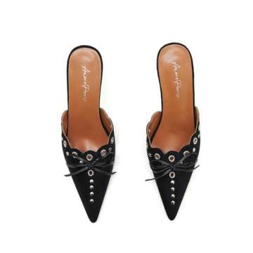 ATBELL Suede Bow Tie Heeled Mules Studs Pumps Pointy Kitten Heel Dress Mule Heels for Women Black Size 8