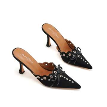 ATBELL Suede Bow Tie Heeled Mules Studs Pumps Pointy Kitten Heel Dress Mule Heels for Women Black Size 8