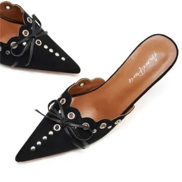 ATBELL Suede Bow Tie Heeled Mules Studs Pumps Pointy Kitten Heel Dress Mule Heels for Women Black Size 8