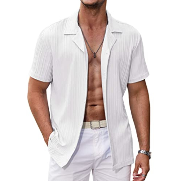 COOFANDY Men's Summer Shirt - Lightweight Casual Button-Down Beach Shirt for Men, White - S
