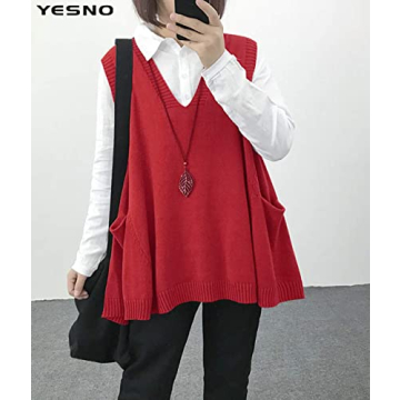 YESNO Women's Oversized Cotton Sweater Vest with Pockets