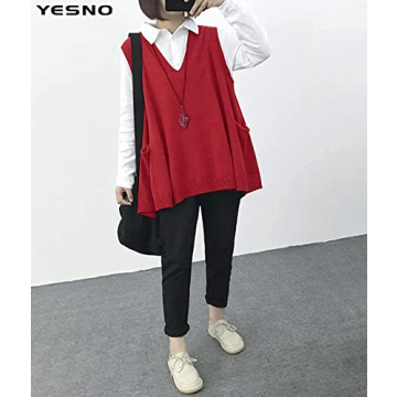 YESNO Women's Oversized Cotton Sweater Vest with Pockets