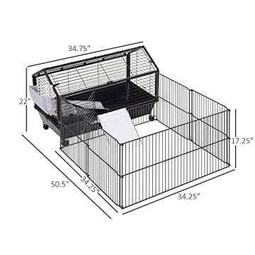PawHut Small Animal Cage with Foldable Run Area, Rolling Bunny Cage, Guinea Pig Cage, Hedgehog Cage with Water Bottle, Water Bowl, and Ramps, 35" L