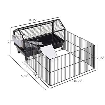 PawHut Small Animal Cage with Foldable Run Area, Rolling Bunny Cage, Guinea Pig Cage, Hedgehog Cage with Water Bottle, Water Bowl, and Ramps, 35" L