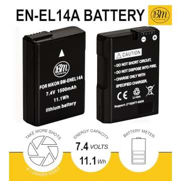 BM Premium EN-EL14A Battery for Nikon D3100, D3200, D3300, D3400, D3500, D5100, D5200, D5300, D5500,...