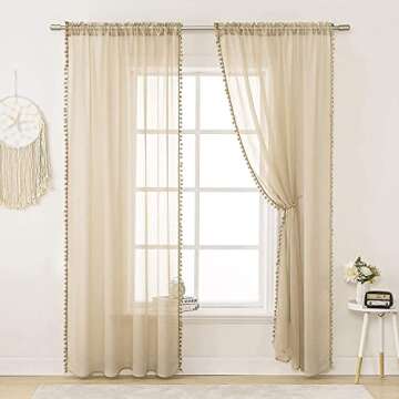 MIULEE Pompom Sheer Curtains 96 Inches Long for Kitchen Living Room-Linen Textured Window Voile Drap...