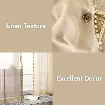 MIULEE Pompom Sheer Curtains 96 Inches Long for Kitchen Living Room-Linen Textured Window Voile Drapes for Light Filtering-2 Natural Beige Curtains Panles with Rod Pocket