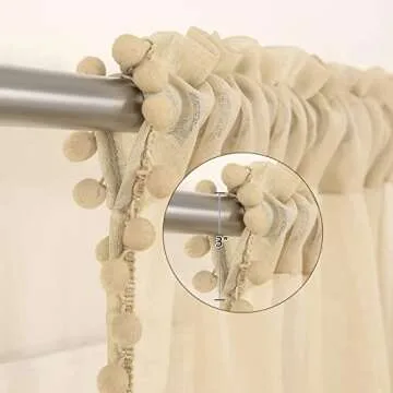 MIULEE Pompom Sheer Curtains 96 Inches Long for Kitchen Living Room-Linen Textured Window Voile Drapes for Light Filtering-2 Natural Beige Curtains Panles with Rod Pocket