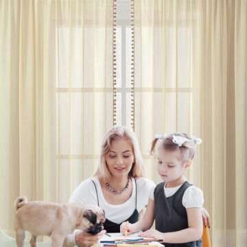 MIULEE Pompom Sheer Curtains 96 Inches Long for Kitchen Living Room-Linen Textured Window Voile Drapes for Light Filtering-2 Natural Beige Curtains Panles with Rod Pocket