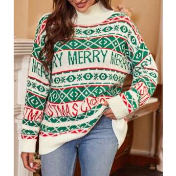 ZAFUL Women's Snowflake Knitted Sweater Merry Christmas Print Color Block Turtleneck Long Sleeve Casual Pullover