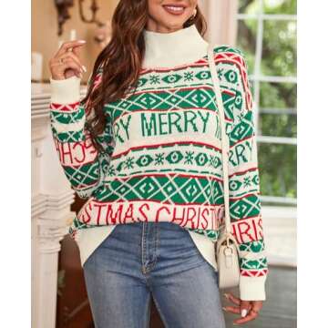 ZAFUL Women's Snowflake Knitted Sweater Merry Christmas Print Color Block Turtleneck Long Sleeve Casual Pullover