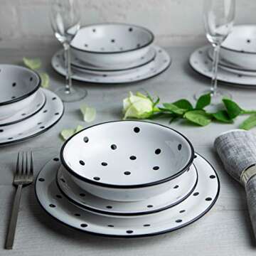 Handmade White and Black Polka Dot Ceramic 12 piece Dinnerware Set | Pottery Tableware Service for 4...