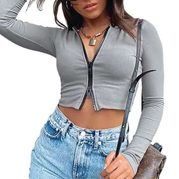 Antopmen Women Sexy V Neck Double Zipper Front T-Shirt Solid Long Sleeve Ribbed Slim Fit Basic Casual Crop Tee Top（Small, Grey