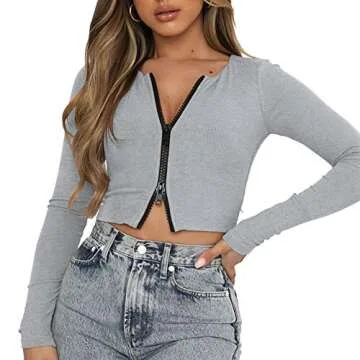 Antopmen Women Sexy V Neck Double Zipper Front T-Shirt Solid Long Sleeve Ribbed Slim Fit Basic Casual Crop Tee Top（Small, Grey