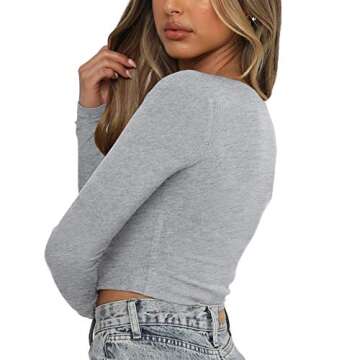 Antopmen Women Sexy V Neck Double Zipper Front T-Shirt Solid Long Sleeve Ribbed Slim Fit Basic Casual Crop Tee Top（Small, Grey