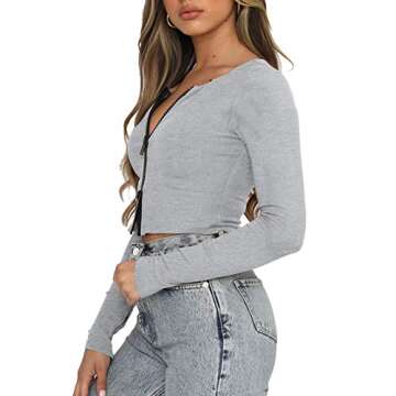 Antopmen Women Sexy V Neck Double Zipper Front T-Shirt Solid Long Sleeve Ribbed Slim Fit Basic Casual Crop Tee Top（Small, Grey