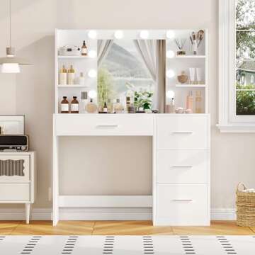 Irontar Vanity Desk, Makeup Vanity with 10 LED Lights & 4 Drawers, Brightness Adjustable, Dressing T...