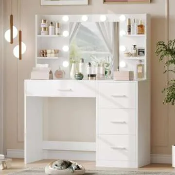 Irontar Vanity Desk, Makeup Vanity with 10 LED Lights & 4 Drawers, Brightness Adjustable, Dressing Table Desk with 6 Open Storage, Vanity Table for Women, White WDT003W
