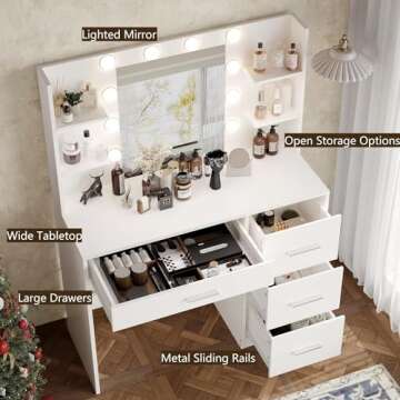 Irontar Vanity Desk, Makeup Vanity with 10 LED Lights & 4 Drawers, Brightness Adjustable, Dressing Table Desk with 6 Open Storage, Vanity Table for Women, White WDT003W