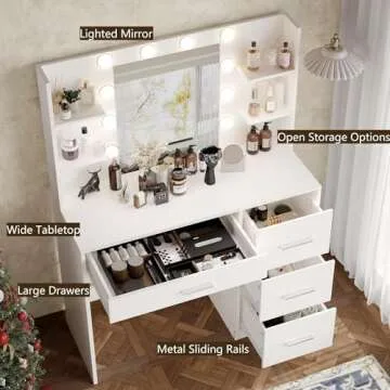 Irontar Vanity Desk, Makeup Vanity with 10 LED Lights & 4 Drawers, Brightness Adjustable, Dressing Table Desk with 6 Open Storage, Vanity Table for Women, White WDT003W