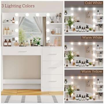 Irontar Vanity Desk, Makeup Vanity with 10 LED Lights & 4 Drawers, Brightness Adjustable, Dressing Table Desk with 6 Open Storage, Vanity Table for Women, White WDT003W