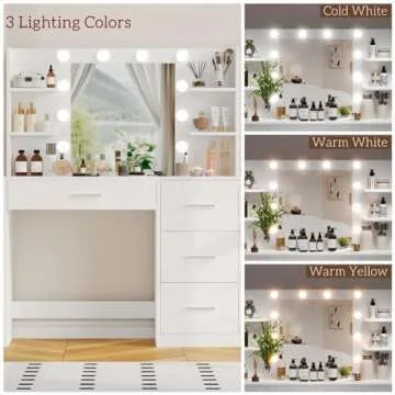 Irontar Vanity Desk, Makeup Vanity with 10 LED Lights & 4 Drawers, Brightness Adjustable, Dressing Table Desk with 6 Open Storage, Vanity Table for Women, White WDT003W