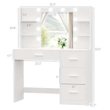 Irontar Vanity Desk, Makeup Vanity with 10 LED Lights & 4 Drawers, Brightness Adjustable, Dressing Table Desk with 6 Open Storage, Vanity Table for Women, White WDT003W