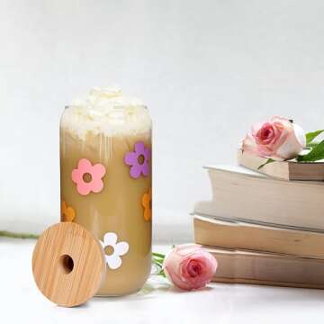 Mason Life Cute Glass Cups with Lids and Straws, Valentine's Day Gift for Women, 18OZ Aesthetic Cups Iced Coffee Cups, Flower Cute Glass Cups, Glass Tumbler, Reusable Iced Coffee Cup -Set of 2