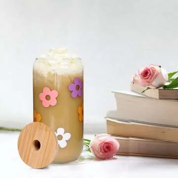 Mason Life Cute Glass Cups with Lids and Straws, Valentine's Day Gift for Women, 18OZ Aesthetic Cups Iced Coffee Cups, Flower Cute Glass Cups, Glass Tumbler, Reusable Iced Coffee Cup -Set of 2