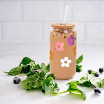 Mason Life Cute Glass Cups with Lids and Straws, Valentine's Day Gift for Women, 18OZ Aesthetic Cups Iced Coffee Cups, Flower Cute Glass Cups, Glass Tumbler, Reusable Iced Coffee Cup -Set of 2