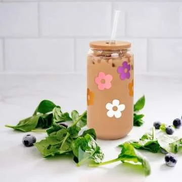 Mason Life Cute Glass Cups with Lids and Straws, Valentine's Day Gift for Women, 18OZ Aesthetic Cups Iced Coffee Cups, Flower Cute Glass Cups, Glass Tumbler, Reusable Iced Coffee Cup -Set of 2