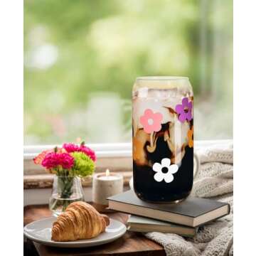 Mason Life Cute Glass Cups with Lids and Straws, Valentine's Day Gift for Women, 18OZ Aesthetic Cups Iced Coffee Cups, Flower Cute Glass Cups, Glass Tumbler, Reusable Iced Coffee Cup -Set of 2