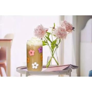 Mason Life Cute Glass Cups with Lids and Straws, Valentine's Day Gift for Women, 18OZ Aesthetic Cups Iced Coffee Cups, Flower Cute Glass Cups, Glass Tumbler, Reusable Iced Coffee Cup -Set of 2