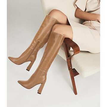 Juliet Holy Women's Pointed Toe Knee-high Boot Wide Calf Chunky Block Zipper Go-go Boots