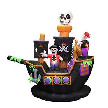 TWO HALLOWEEN PARTY DECORATIONS BUNDLE, Includes 7 Foot Halloween Inflatable Skeletons Ghosts on Pirate Ship, and 11.5 Foot Long Inflatable Grim Reaper Driving Pumpkin Carriage Blowup with Lights