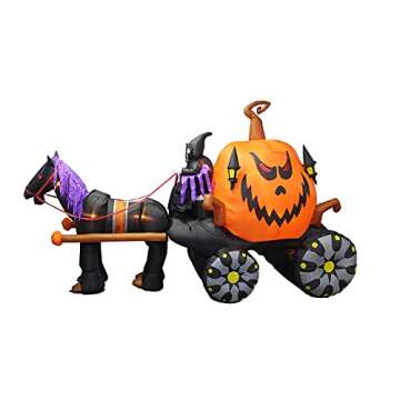 TWO HALLOWEEN PARTY DECORATIONS BUNDLE, Includes 7 Foot Halloween Inflatable Skeletons Ghosts on Pirate Ship, and 11.5 Foot Long Inflatable Grim Reaper Driving Pumpkin Carriage Blowup with Lights