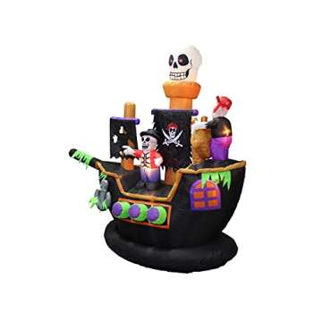 TWO HALLOWEEN PARTY DECORATIONS BUNDLE, Includes 7 Foot Halloween Inflatable Skeletons Ghosts on Pirate Ship, and 11.5 Foot Long Inflatable Grim Reaper Driving Pumpkin Carriage Blowup with Lights