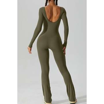 QINSEN Woman's Athleisure Jumpsuit Sexy U Cut Backless Bodycon Curvy Romper Army Green S