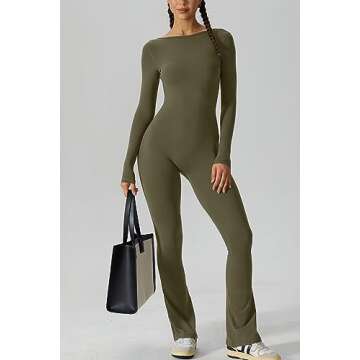 QINSEN Woman's Athleisure Jumpsuit Sexy U Cut Backless Bodycon Curvy Romper Army Green S