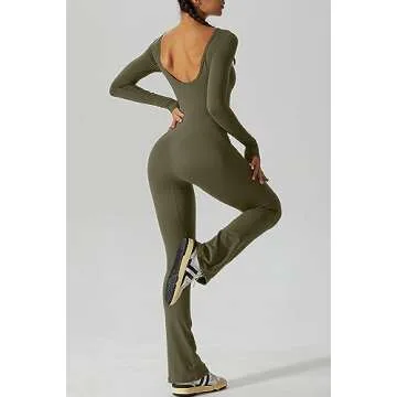 QINSEN Woman's Athleisure Jumpsuit Sexy U Cut Backless Bodycon Curvy Romper Army Green S