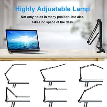 HaFundy LED Desk Lamp for Home,Office,Reading,Adjustable Eye-Caring Desk Light with Clamp,Swing Arm Lamp Includes 3 Color Modes,10 Brightness Levels Table Lamps with Memory Function
