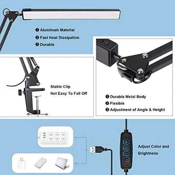 HaFundy LED Desk Lamp for Home,Office,Reading,Adjustable Eye-Caring Desk Light with Clamp,Swing Arm Lamp Includes 3 Color Modes,10 Brightness Levels Table Lamps with Memory Function