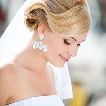 Bride and Mrs Earrings Set Bride Beaded Wedding Earrings Handmade Statement Mrs Dangle Earrings for Women (Romantic Style)